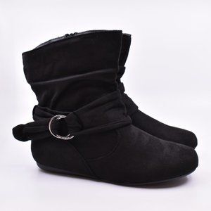 Black Faux Suede Buckle Round Toe Zipper Low Slouch Flat Ankle Booties